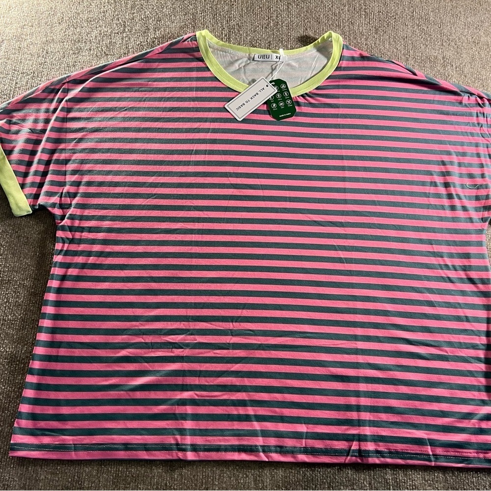 NWT Oversized UE Pink and Gray Striped Tee with Neon Accents